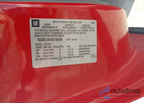 2008 Chevrolet Silverado 1500 Work Truck z USA, uszkodzony, nr VIN 1GCEC19X48Z136089